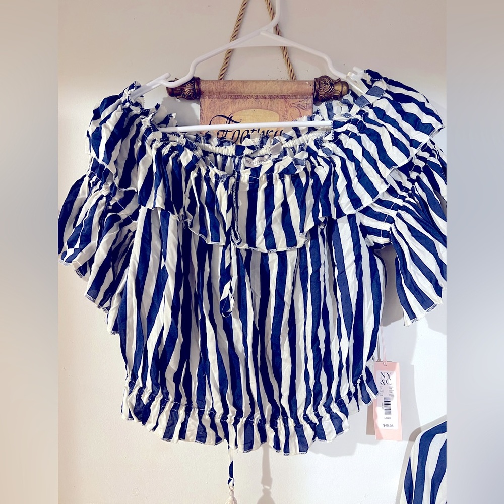 Eva Mendes NY&C Cropped Off Shoulder Ruffle Blouse Sz L and Skirt Size Large